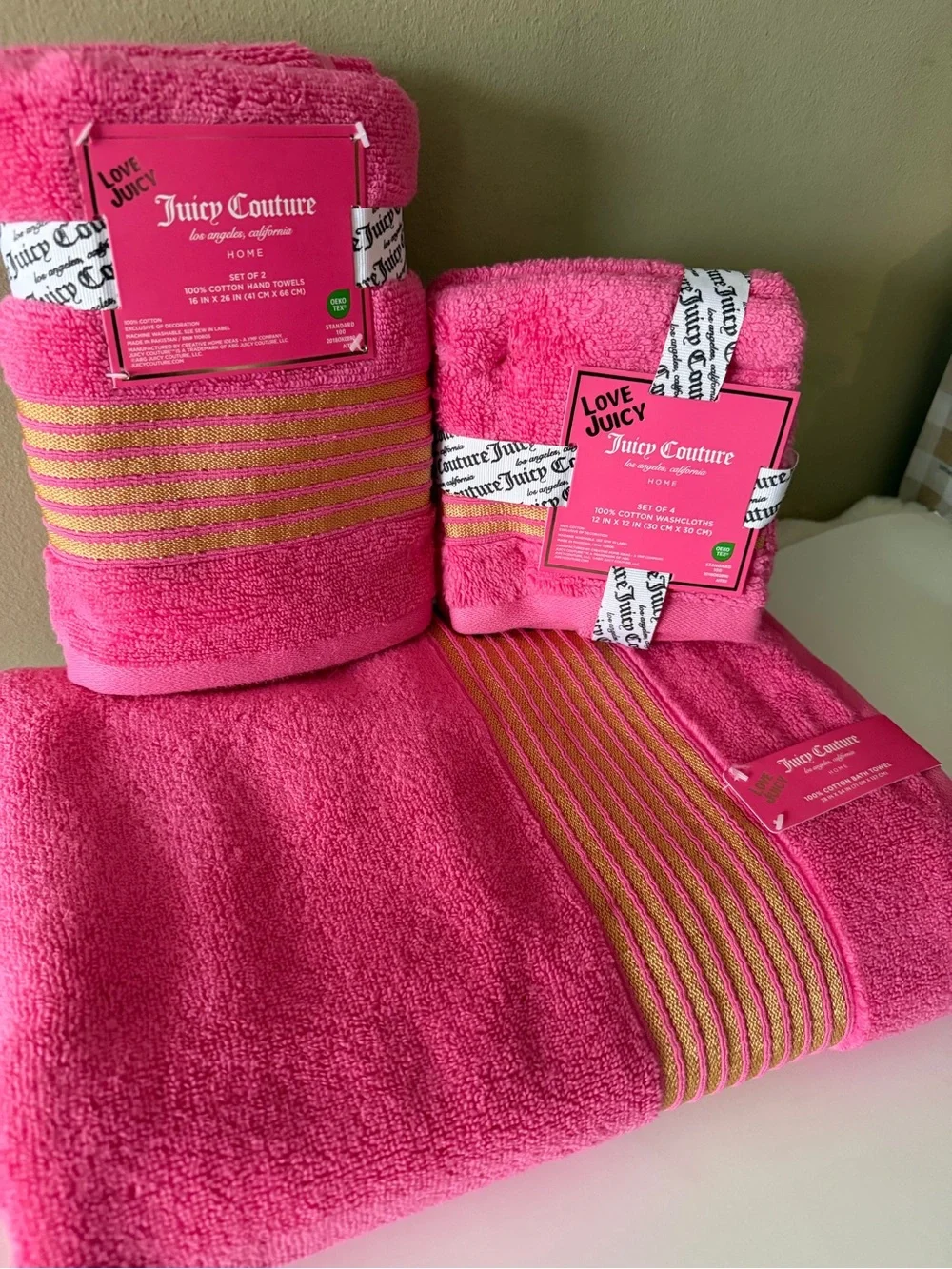 Juicy Couture  Pink Towel bundle with Gold Accent Stripes. NWT